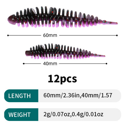 Sougayilang 12tk Worm Bait Pehme sööt 40mm 60mm Püügipeibutis Magevee Swimbaits Silikoonist Pehme sööt karpkala bassi haugi püügiks