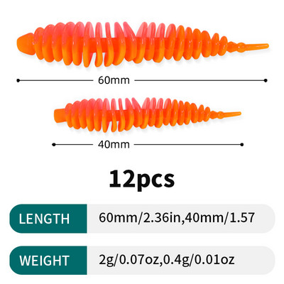 Sougayilang 12tk Worm Bait Pehme sööt 40mm 60mm Püügipeibutis Magevee Swimbaits Silikoonist Pehme sööt karpkala bassi haugi püügiks