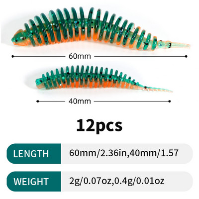 Sougayilang 12tk Worm Bait Pehme sööt 40mm 60mm Püügipeibutis Magevee Swimbaits Silikoonist Pehme sööt karpkala bassi haugi püügiks