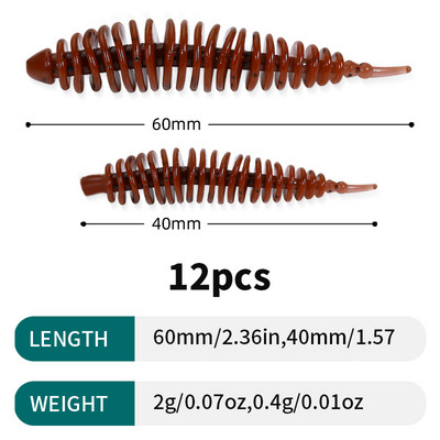 Sougayilang 12tk Worm Bait Pehme sööt 40mm 60mm Püügipeibutis Magevee Swimbaits Silikoonist Pehme sööt karpkala bassi haugi püügiks