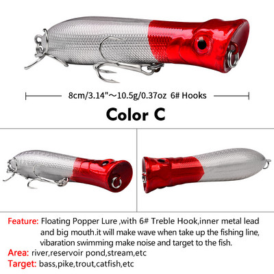 1 τεμ 80 χιλιοστών 12 g Topwater Popper Fishing Lures Wobblers Long Casting Τεχνητά σκληρά δολώματα Δολώματα αλιείας σε θαλασσινό νερό