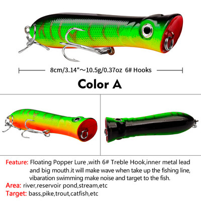 1 τεμ 80 χιλιοστών 12 g Topwater Popper Fishing Lures Wobblers Long Casting Τεχνητά σκληρά δολώματα Δολώματα αλιείας σε θαλασσινό νερό