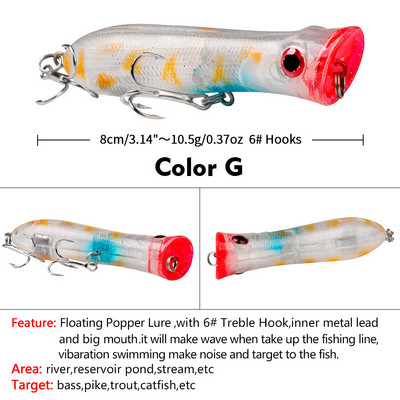 1 τεμ 80 χιλιοστών 12 g Topwater Popper Fishing Lures Wobblers Long Casting Τεχνητά σκληρά δολώματα Δολώματα αλιείας σε θαλασσινό νερό
