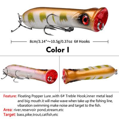 1 τεμ 80 χιλιοστών 12 g Topwater Popper Fishing Lures Wobblers Long Casting Τεχνητά σκληρά δολώματα Δολώματα αλιείας σε θαλασσινό νερό