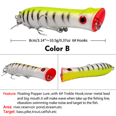 1 τεμ 80 χιλιοστών 12 g Topwater Popper Fishing Lures Wobblers Long Casting Τεχνητά σκληρά δολώματα Δολώματα αλιείας σε θαλασσινό νερό