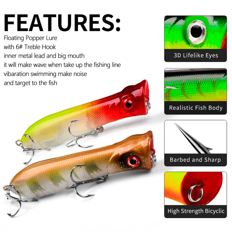 1 τεμ 80 χιλιοστών 12 g Topwater Popper Fishing Lures Wobblers Long Casting Τεχνητά σκληρά δολώματα Δολώματα αλιείας σε θαλασσινό νερό