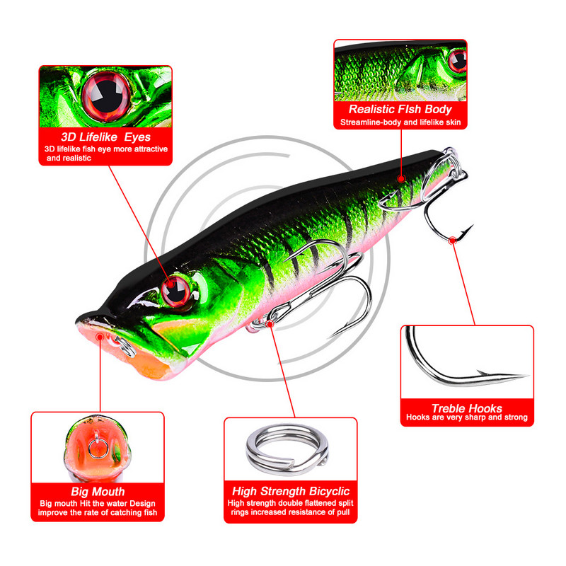1db horgászcsalik Topwater Popper csali 9,3 cm 12g kemény csali mesterséges wobbler műanyag horgászfelszerelés 4 # horoggal