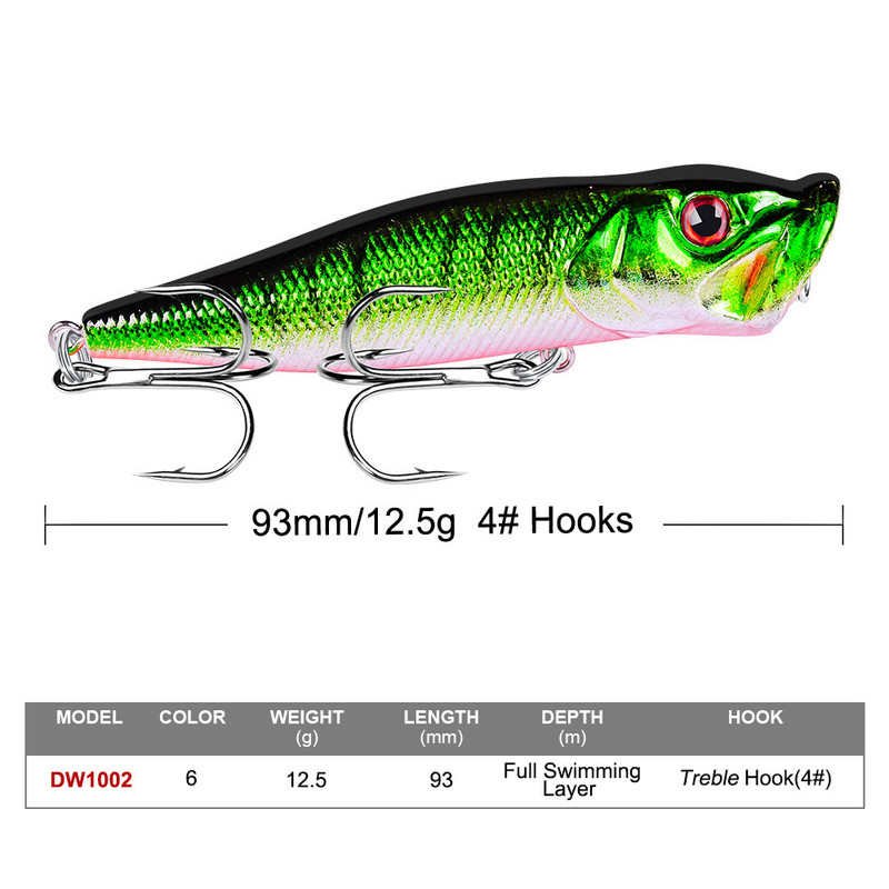 1db horgászcsalik Topwater Popper csali 9,3 cm 12g kemény csali mesterséges wobbler műanyag horgászfelszerelés 4 # horoggal