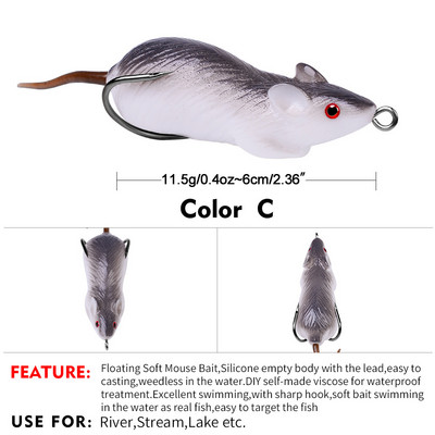 1Pcs 6cm11.5g 3D Eyes Soft Mouse Fishing Lure Плаваща изкуствена стръв Силиконова морска плувна стръв Риболовни принадлежности