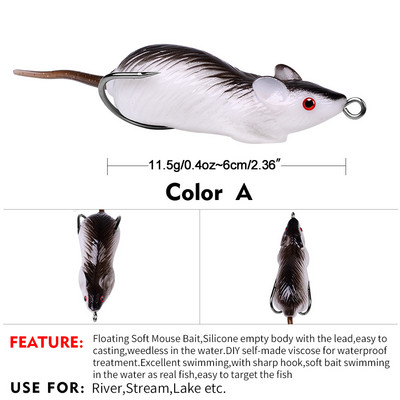 1Pcs 6cm11.5g 3D Eyes Soft Mouse Fishing Lure Плаваща изкуствена стръв Силиконова морска плувна стръв Риболовни принадлежности