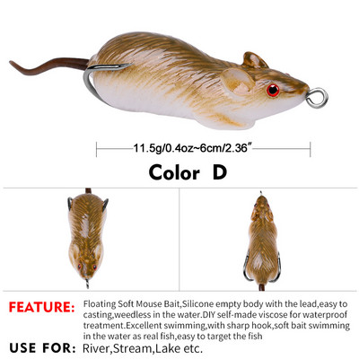 1Pcs 6cm11.5g 3D Eyes Soft Mouse Fishing Lure Плаваща изкуствена стръв Силиконова морска плувна стръв Риболовни принадлежности