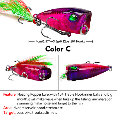 4,3 cm 4g Mini Popper Fishing Lures Topwater Hard Bait Artificial Wobblers Πλαστικό εργαλείο ψαρέματος Pesca με 10# γάντζους για πούπουλα
