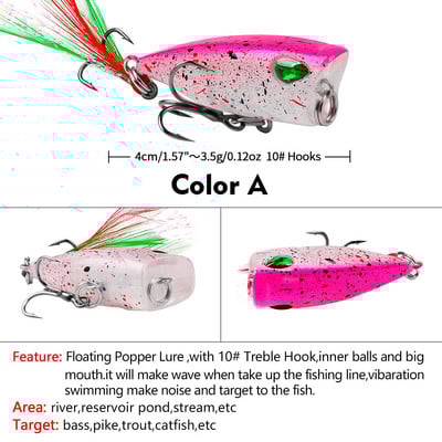 4,3 cm 4g Mini Popper Fishing Lures Topwater Hard Bait Artificial Wobblers Πλαστικό εργαλείο ψαρέματος Pesca με 10# γάντζους για πούπουλα