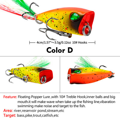 4,3 cm 4g Mini Popper Fishing Lures Topwater Hard Bait Artificial Wobblers Πλαστικό εργαλείο ψαρέματος Pesca με 10# γάντζους για πούπουλα