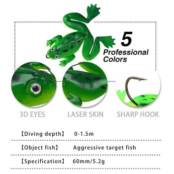 Frog Lure Bass Trout Fishing Lures Реалистичен реквизит Frog Soft Swimbait Плаваща стръв с куки за сладководна солена риба