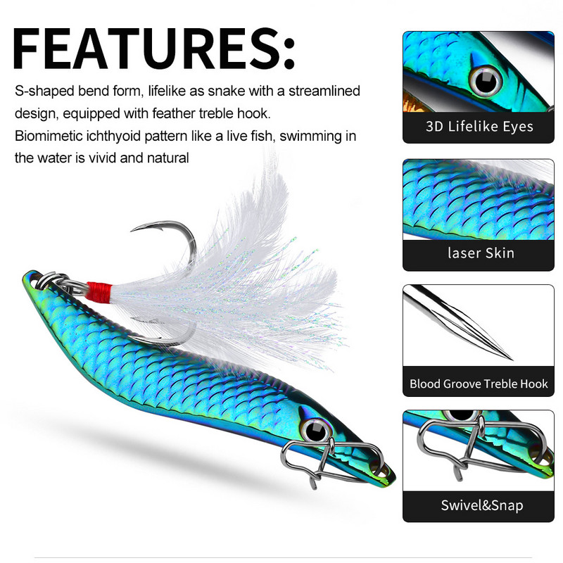 1Τμ 7g 10g 15g 20g Metal VIB Spinners Spoon Lures Artificial Bait with Feather Hook Νυχτερινό εργαλείο ψαρέματος για μπάσο