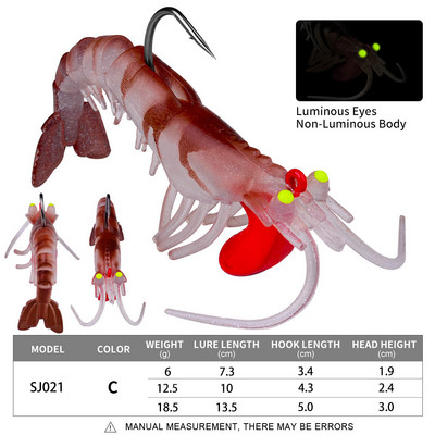 1vnt Luminous Eyes Silikoniniai krevečių masalai 6g 13g 19g Bionic Minkšti krevečių masalai Metalinis Jig Head Skęstantis Swimbait Voblerio kabliukas
