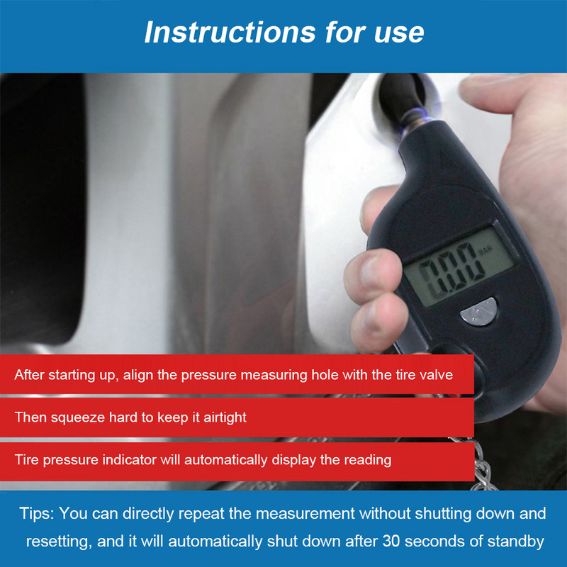 Nešiojamas raktų pakabuko padangų matuoklio testeris 150 PSI tikslus padangų oro slėgio monitoriaus įrankis su skaitmeniniais LCD ekrano įrankiais, skirtais lauke