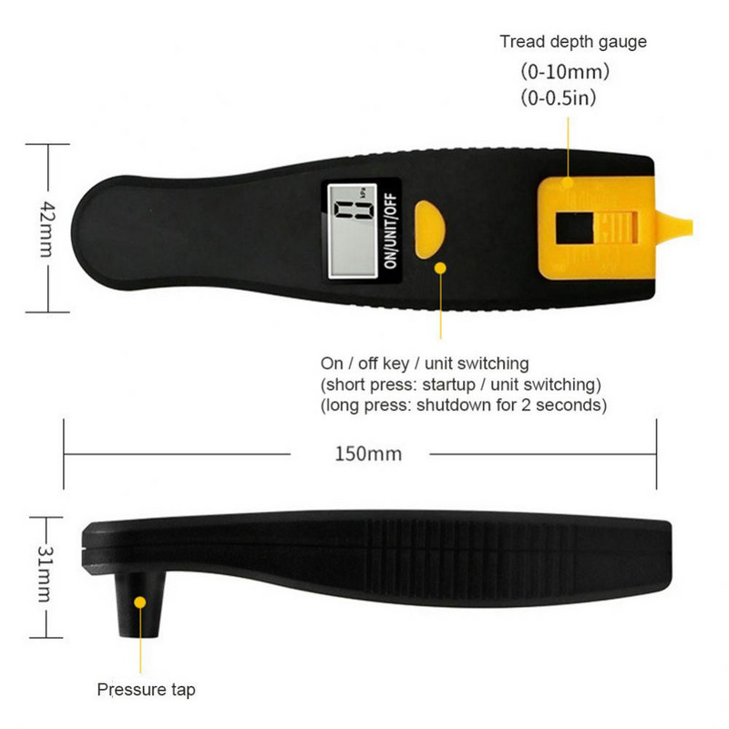 Automobilio padangų oro slėgio matuoklis Paprastas valdymas Tikslus naujas padangų slėgio matuoklis 2 in 1 0–7 barų LCD ekranas padangų slėgio monitorius