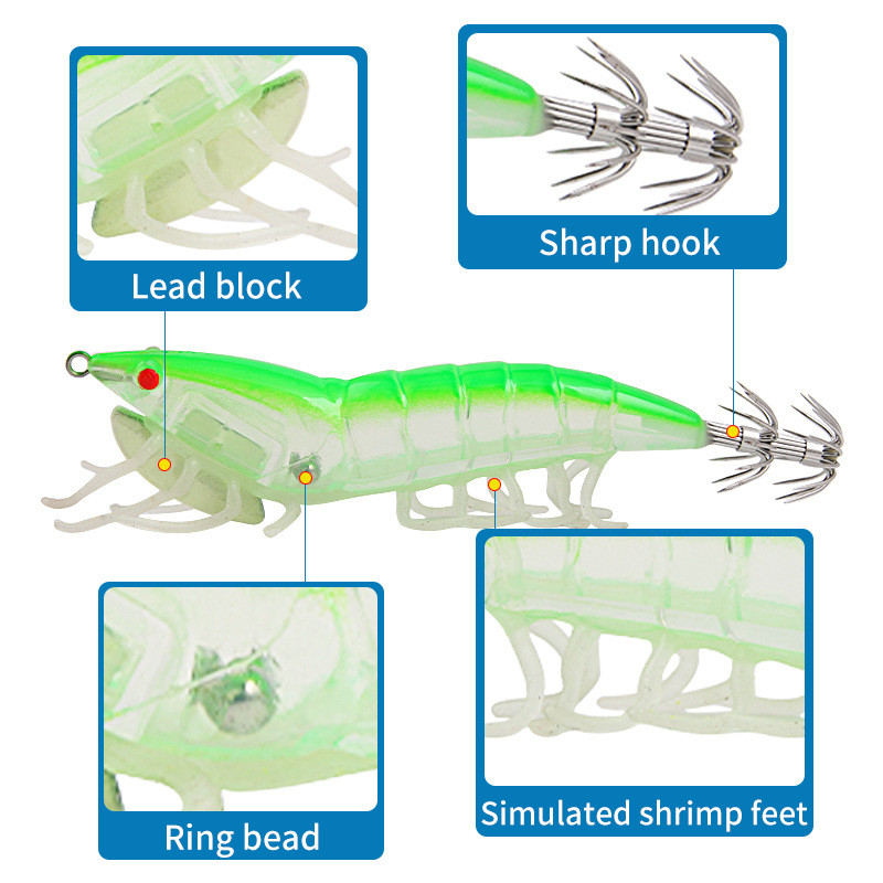 Šviečiantys kalmarų kėgliai buteliuose sprogstamasis kabliukas medinis krevečių masalas Minkštas pėdas Eging Jigging gyvenimiškas imitacinis aštuonkojis su garso kamuoliuku
