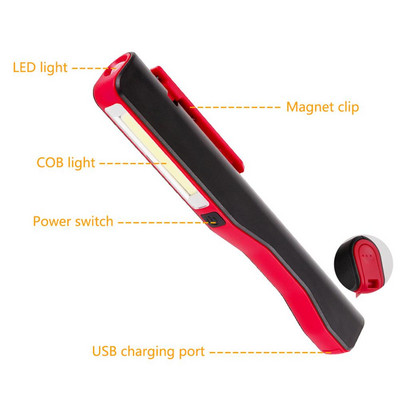 Portable Pen Shape COB LED Flashlight USB Rechargeable Magnetic Work Light Lamp