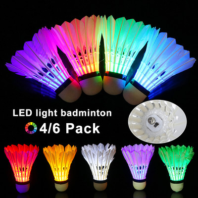 4/6 пакета LED осветление за бадминтон Dark Night Glow Цветни топки за бадминтон от гъши пера Волани за спортове на открито и закрито