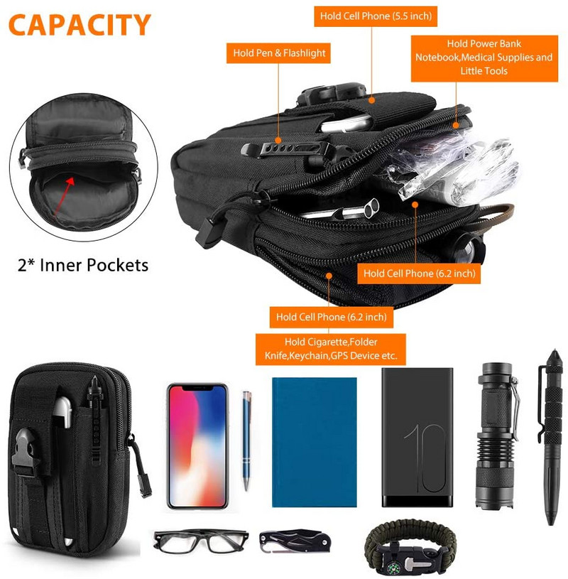 Tactical Molle EDC maišelis, kompaktiškas 1000D daugiafunkcis prietaisų diržo juosmens krepšys su mobiliojo telefono dėklu