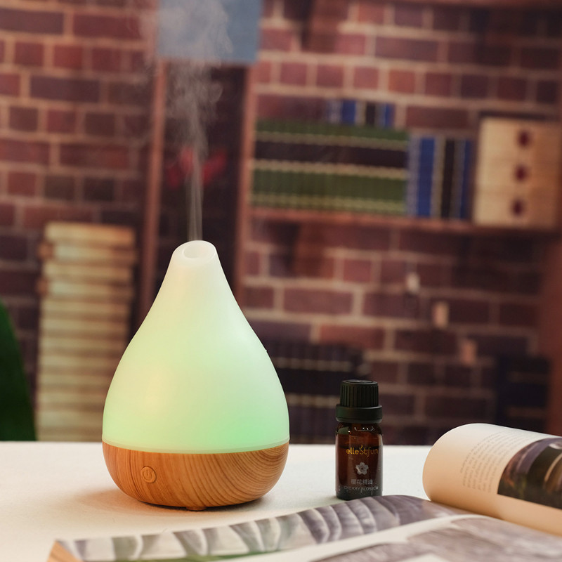 Umidificator de aer Picătură de apă Difuzor de ulei esențial din cereale de lemn cu difuzor de aromă cu lumină colorată Mașină de aromaterapie de birou USB