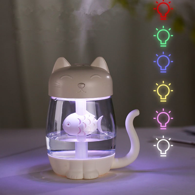 350ml Cat oro drėkintuvas su spalvota LED šviesa Ultragarsinis 3 viename žavinga katė valgo žuvį Humidificador USB aromatų difuzorius Fogger