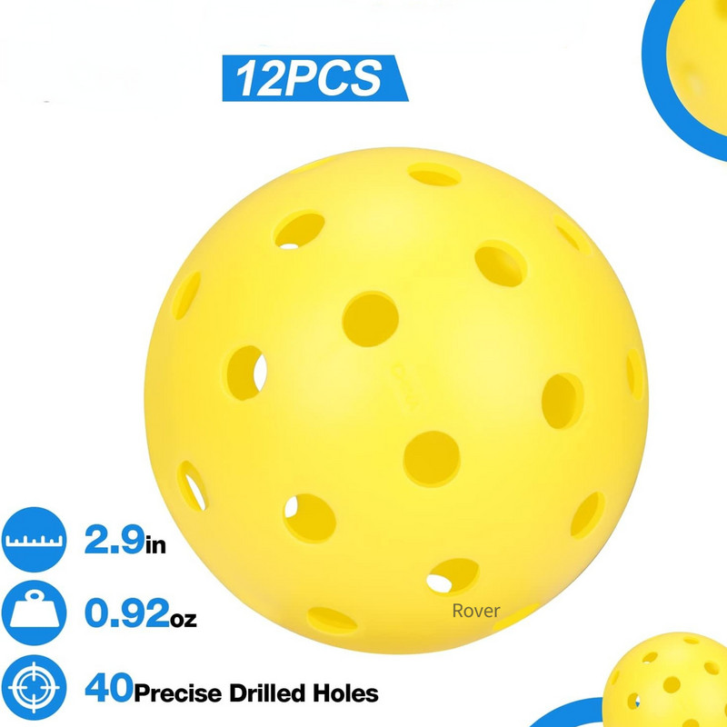 12 vnt Pickleball patvarūs lauko turnyrų ir varžybų kamuoliukai su 40 skylių lauke, skirti 100 didelių pakuočių su tinkliniu maišeliu