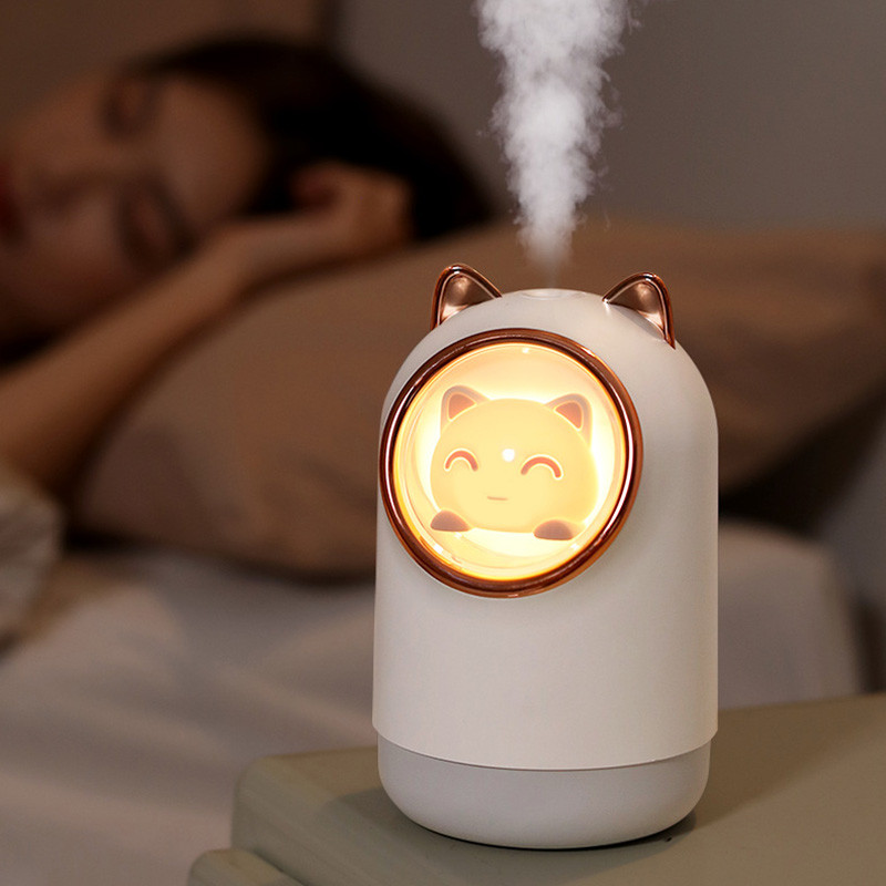 Mini stalinis oro drėkintuvas USB valytuvas Cool Mist Maker Fogger 340ML mielas naminių gyvūnėlių difuzorius kvapo drėkintuvas su naktine šviesa