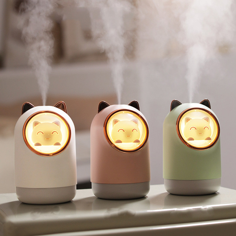 Mini stalinis oro drėkintuvas USB valytuvas Cool Mist Maker Fogger 340ML mielas naminių gyvūnėlių difuzorius kvapo drėkintuvas su naktine šviesa