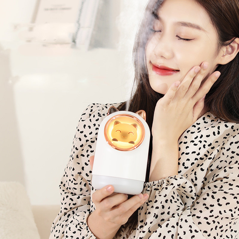 Mini stalinis oro drėkintuvas USB valytuvas Cool Mist Maker Fogger 340ML mielas naminių gyvūnėlių difuzorius kvapo drėkintuvas su naktine šviesa