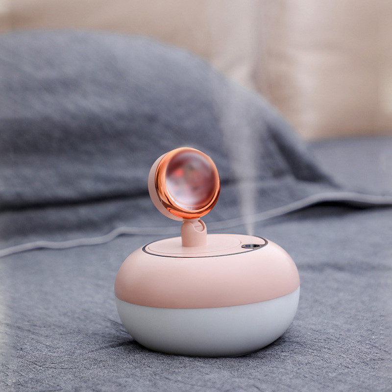 Saulėlydžio lempos oro drėkintuvas USB rūko formuotojas 300 ml aromaterapinis aliejaus difuzorius namų biuro drėkintuvas su romantiška aplinkos šviesa