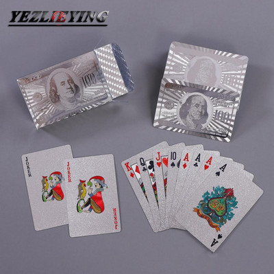 Deck de cărți de joc auriu de 24K Set de poker din folie de argint Carte magică Durabilă și rezistentă la apă Design dolar american Cărți Poler Cărți de poker Artă
