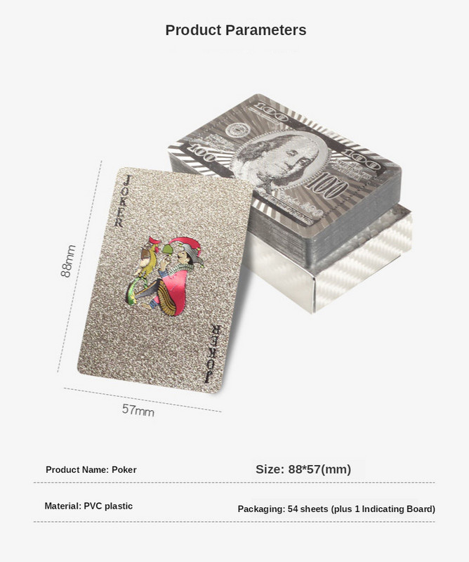 24K zelta spēļu kāršu klājs, sudraba folijas pokera komplekts, burvju kāršu izturīgs ūdensizturīgs ASV dolāra dizains Poler kārtis pokera kāršu māksla