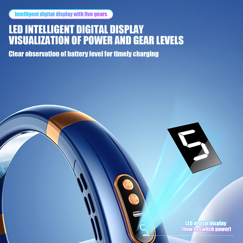 Nešiojamas kaklo ventiliatorius USB rankinis nutildytas LED skaitmeninis ekranas be lapų mini elektrinis ventiliatorius spalvingi atmosferos žibintai, 5-osios pavaros kaklo ventiliatorius