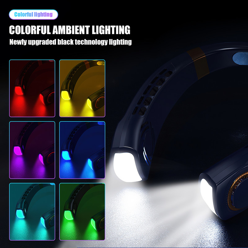 Nešiojamas kaklo ventiliatorius USB rankinis nutildytas LED skaitmeninis ekranas be lapų mini elektrinis ventiliatorius spalvingi atmosferos žibintai, 5-osios pavaros kaklo ventiliatorius