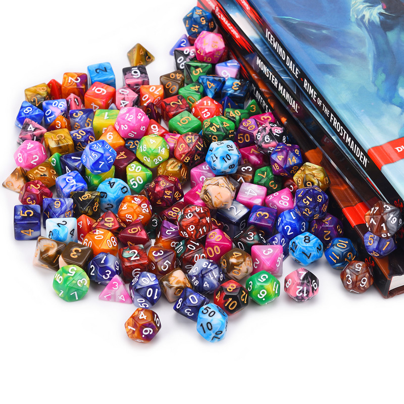 Divu krāsu daudzskaldņu kauliņi D20 D12 D10 D% D8 D6 D4 RPG DND kauliņu spēlēm