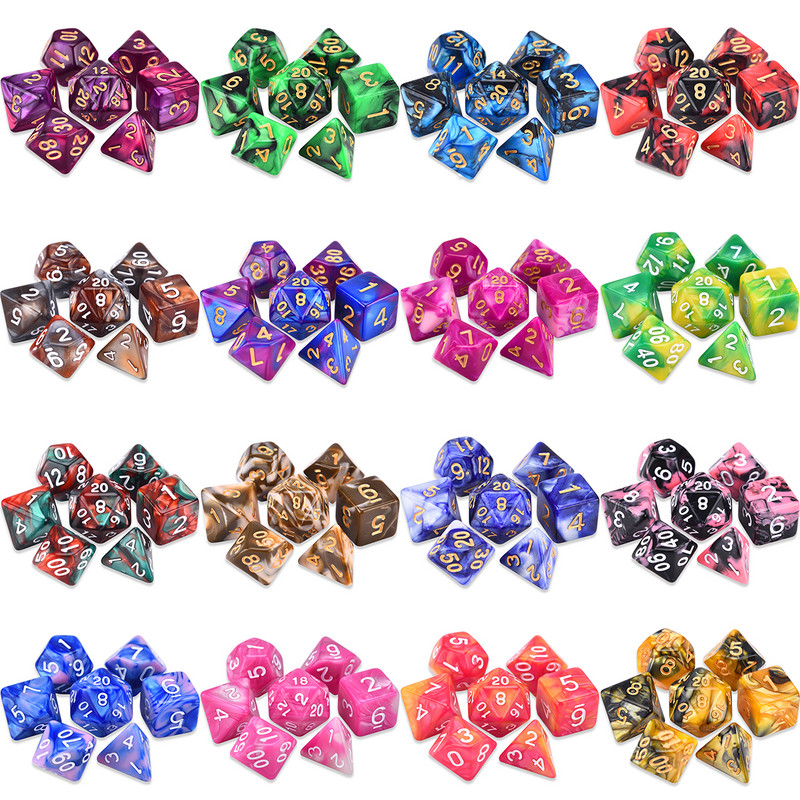 Divu krāsu daudzskaldņu kauliņi D20 D12 D10 D% D8 D6 D4 RPG DND kauliņu spēlēm