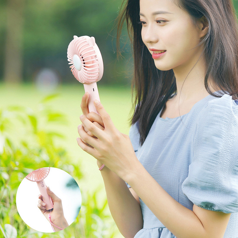 Ventilator de mână mic de birou Ventilator portabil fără fir cu 3 viteze Ventilator de buzunar cu bază pentru ureche de pisică Lumină de noapte 1200 mAh pentru dormitor, birou, acasă