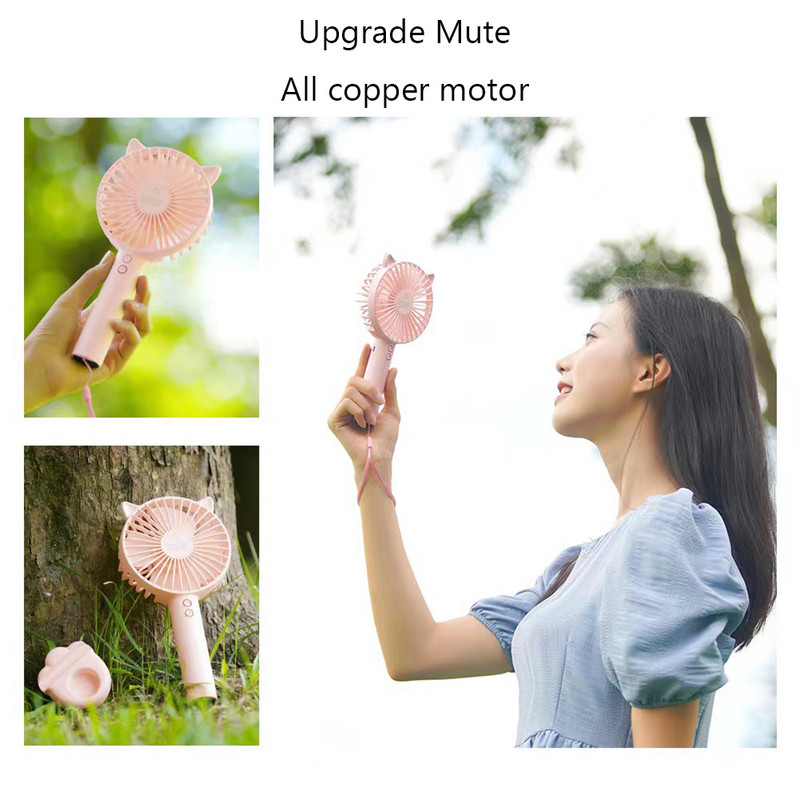 Ventilator de mână mic de birou Ventilator portabil fără fir cu 3 viteze Ventilator de buzunar cu bază pentru ureche de pisică Lumină de noapte 1200 mAh pentru dormitor, birou, acasă