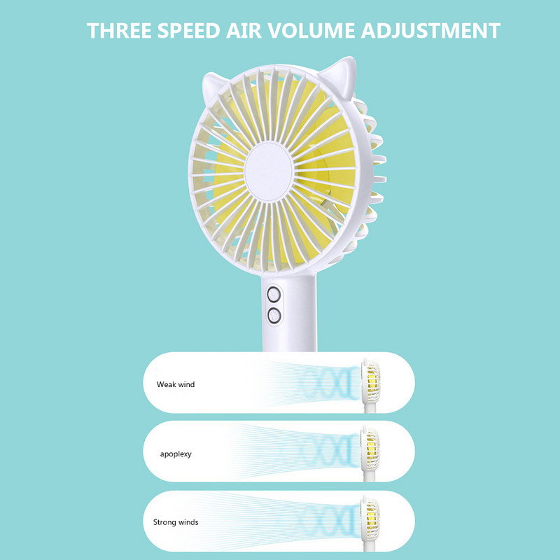 Ventilator de mână mic de birou Ventilator portabil fără fir cu 3 viteze Ventilator de buzunar cu bază pentru ureche de pisică Lumină de noapte 1200 mAh pentru dormitor, birou, acasă