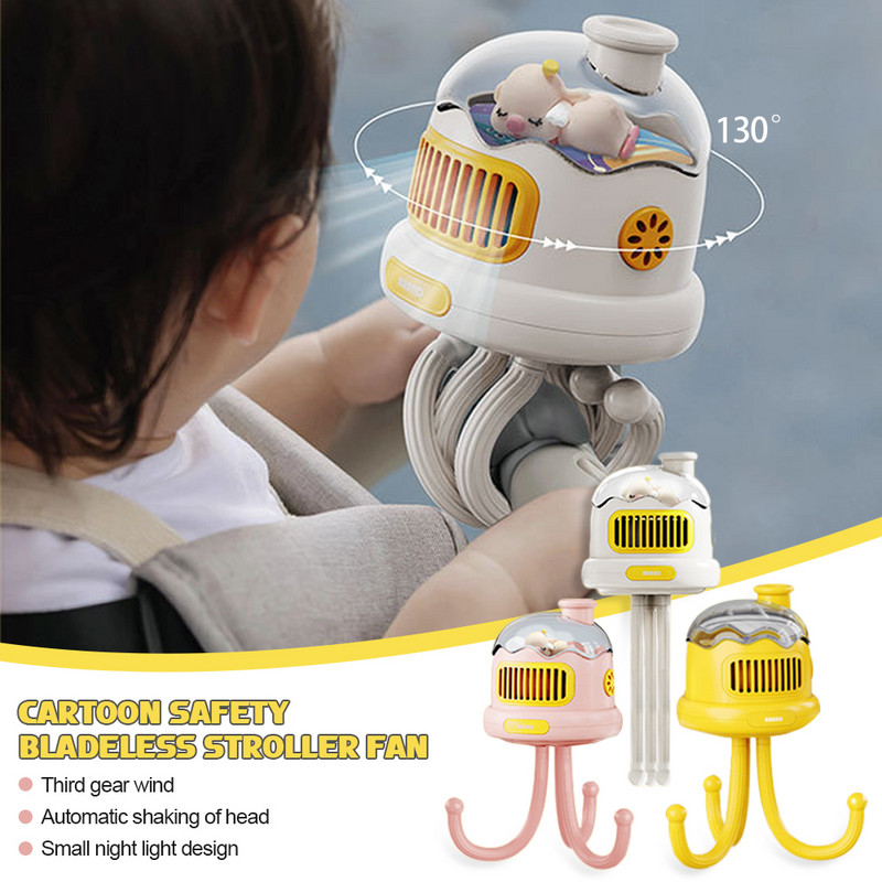 Crtani prijenosni ventilator za dječja kolica USB punjenje Ventilator bez lopatica Zračno hlađenje Električni ventilator Kućno višenamjensko ručno stolno noćno svjetlo