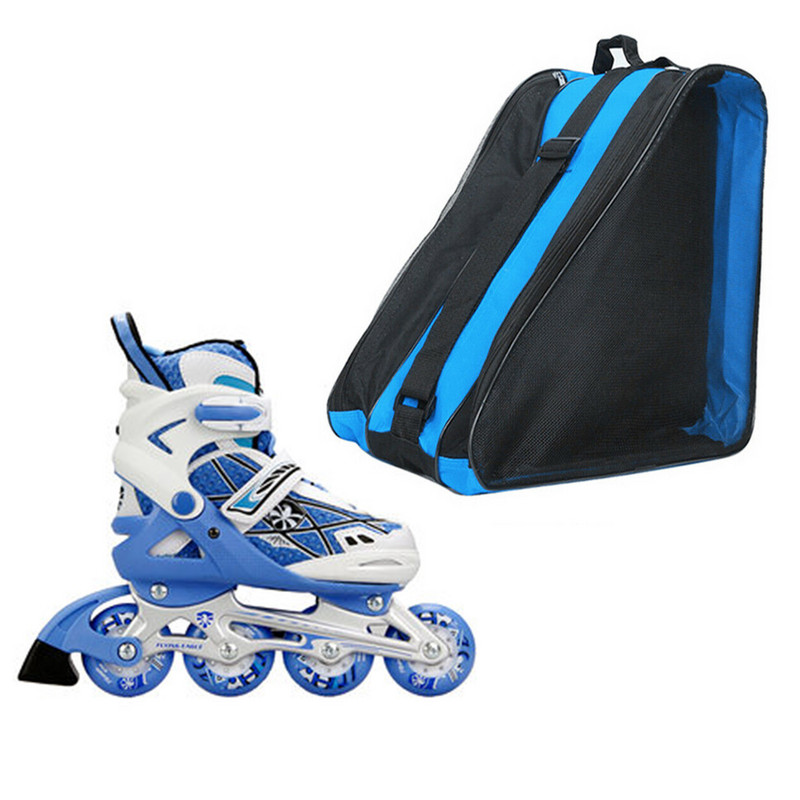 Kolmnurkne rulluiskukott reguleeritava õlarihma ja metallkonksudega rulluiskude jaoks