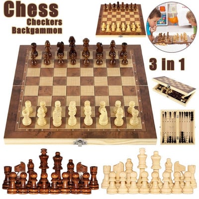 Placă de joc de șah 3 în 1 Set de șah internațional din lemn, pliabil, joc de masă portabil, cadou de zi de naștere pentru copii