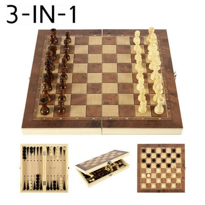 24x24CM 3 az 1-ben nemzetközi sakkkészlet fából készült összecsukható sakk beltéri szórakoztatás hordozható társasjáték-ellenőrző születésnapi ajándék gyerekeknek