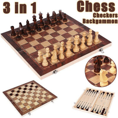 3 in 1 Chess Game Wooden Storage Board Chess Set Professional Digital Chessboard Checkers Clocks for Chess Competition Game