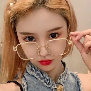 Fashion Metal Big Square Frame Anti Blue Light Γυαλιά Χρυσό Ασημί Μαύρος Φακός Glitter Flat Glasses Eye Production Plain Glasses