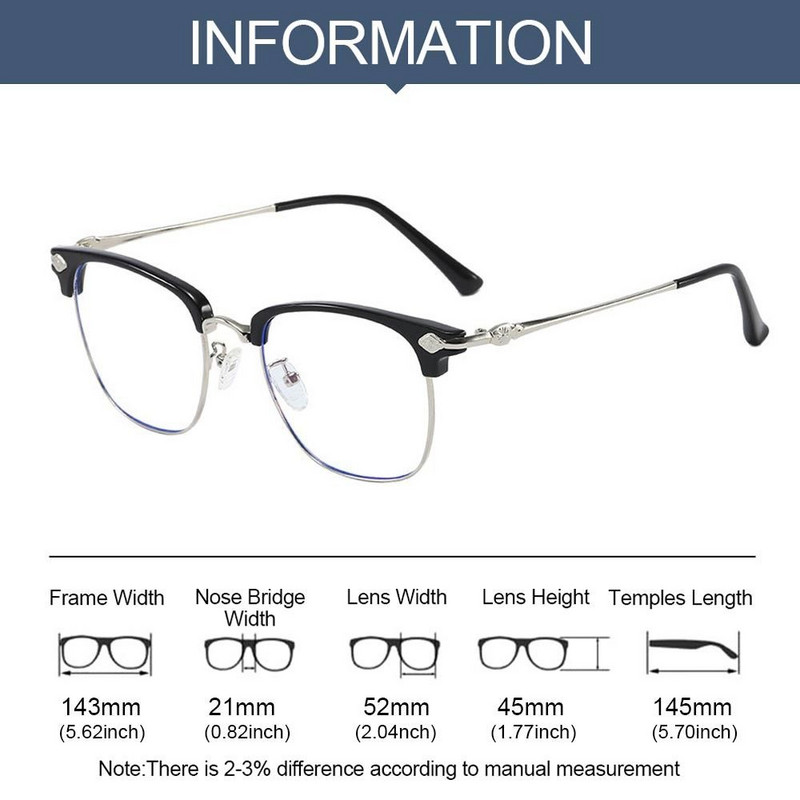 Madingi metaliniai kvadratiniai anti-mėlynai šviesūs akiniai moterims vyriški klasikiniai pusiau be rėmeliai akinių rėmeliai, skaidrūs kompiuterio akiniai